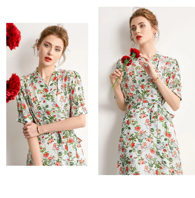 Women's Summer Silk Dress French Style Slim Printed Dress