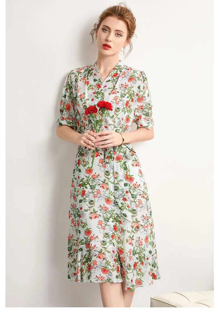Women's Summer Silk Dress French Style Slim Printed Dress