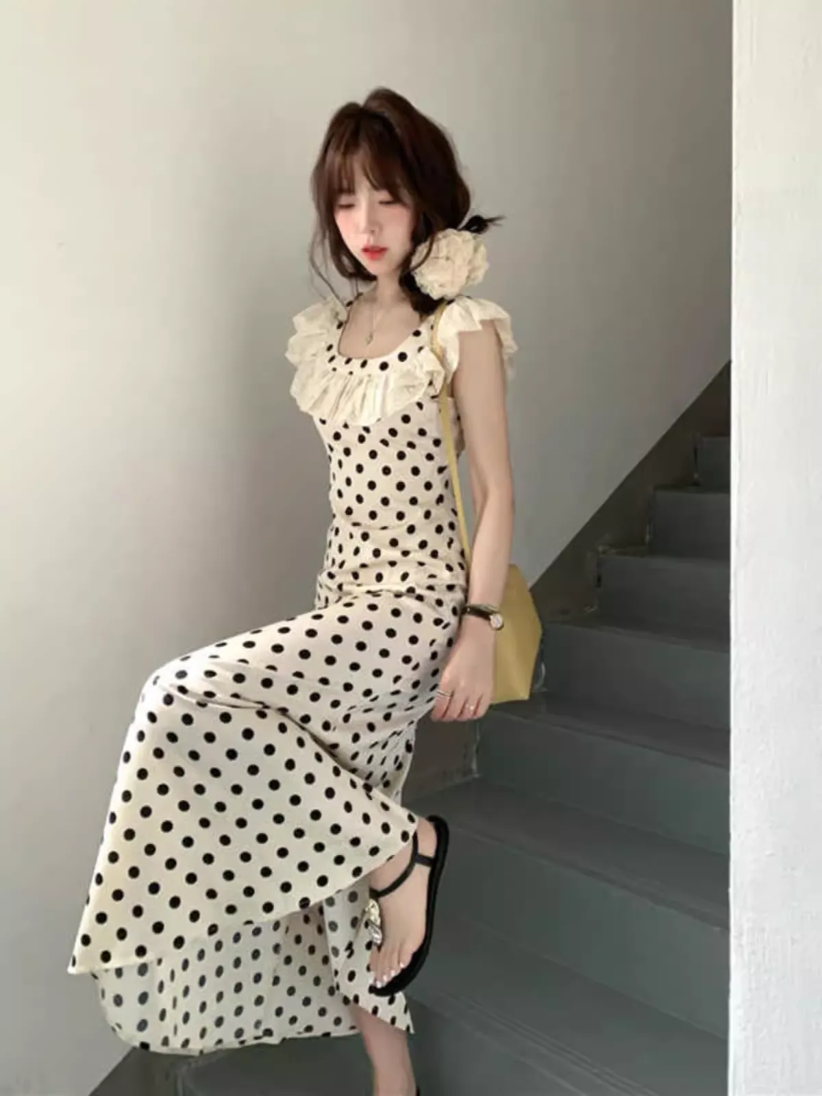 Women's summer square neck polka dot satin dress