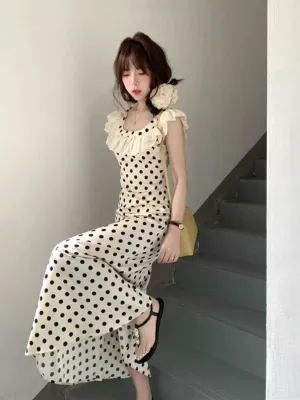 Women's summer square neck polka dot satin dress