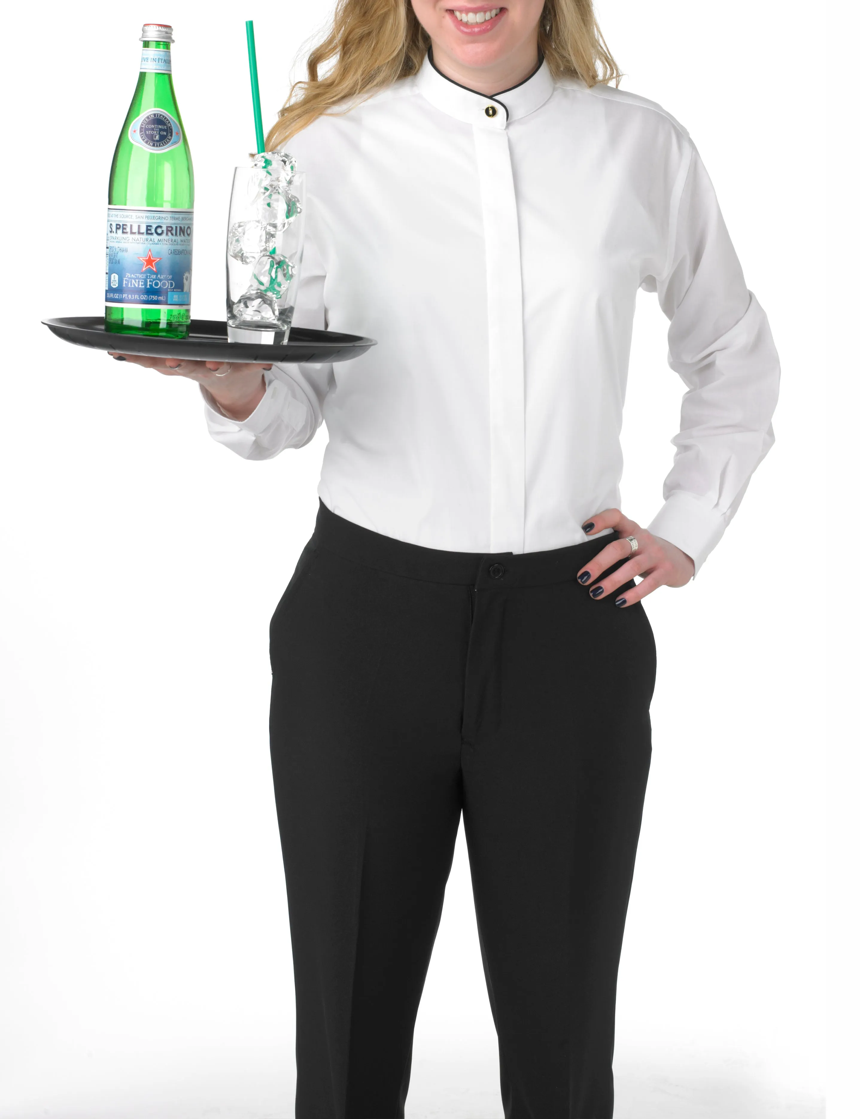 Women's White, Banded Collar, Long Sleeve Dress Shirt with Black Piping