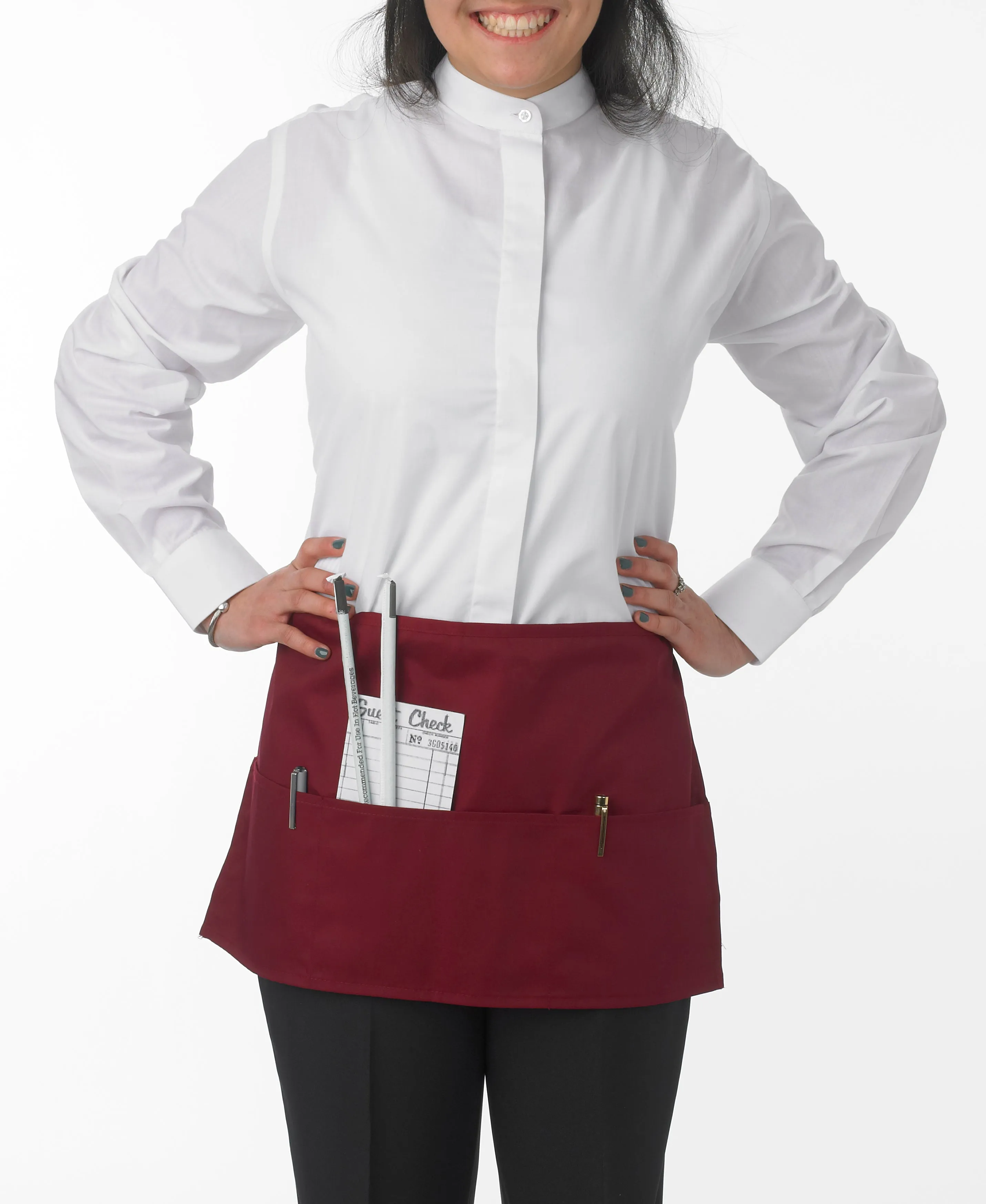 Women's White, Banded Collar, Long Sleeve Dress Shirt