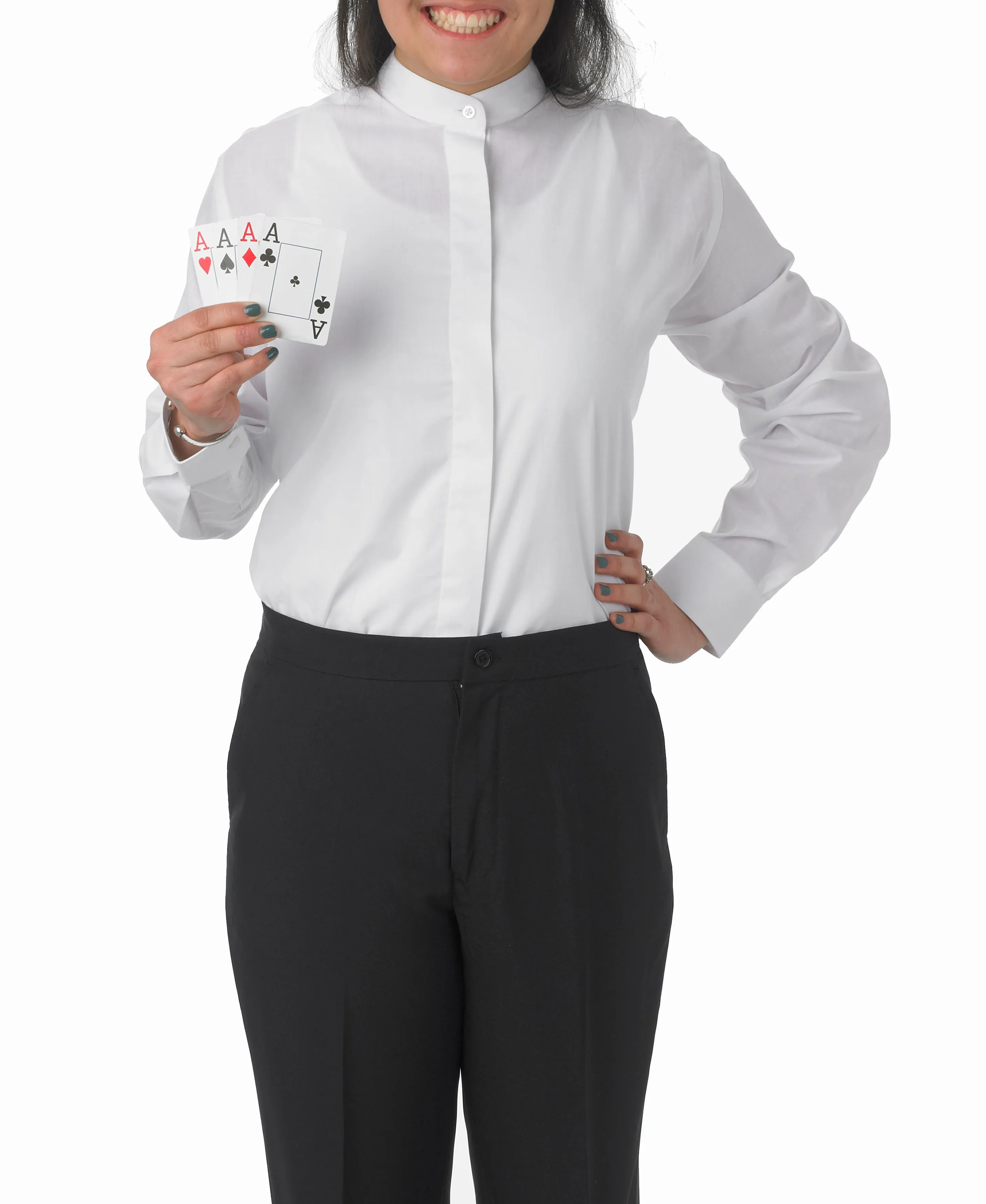Women's White, Banded Collar, Long Sleeve Dress Shirt
