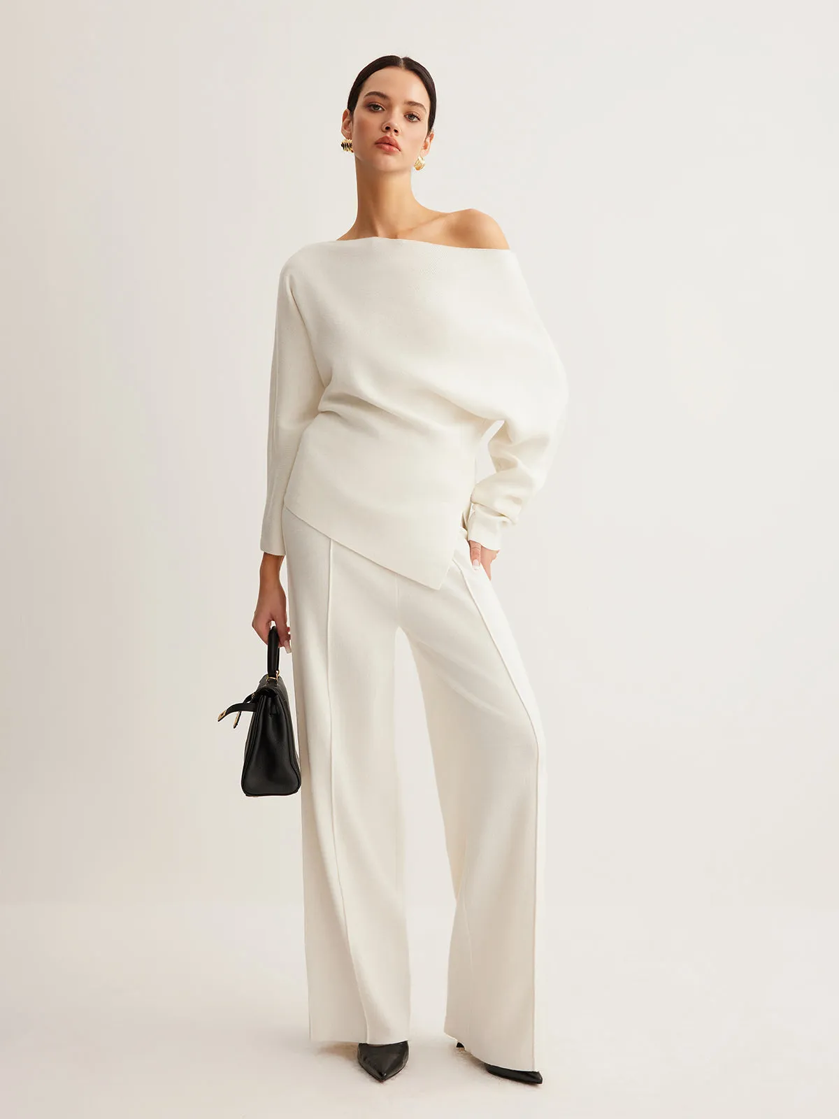 Wool-Blend Asymmetrical Neck Knit Top