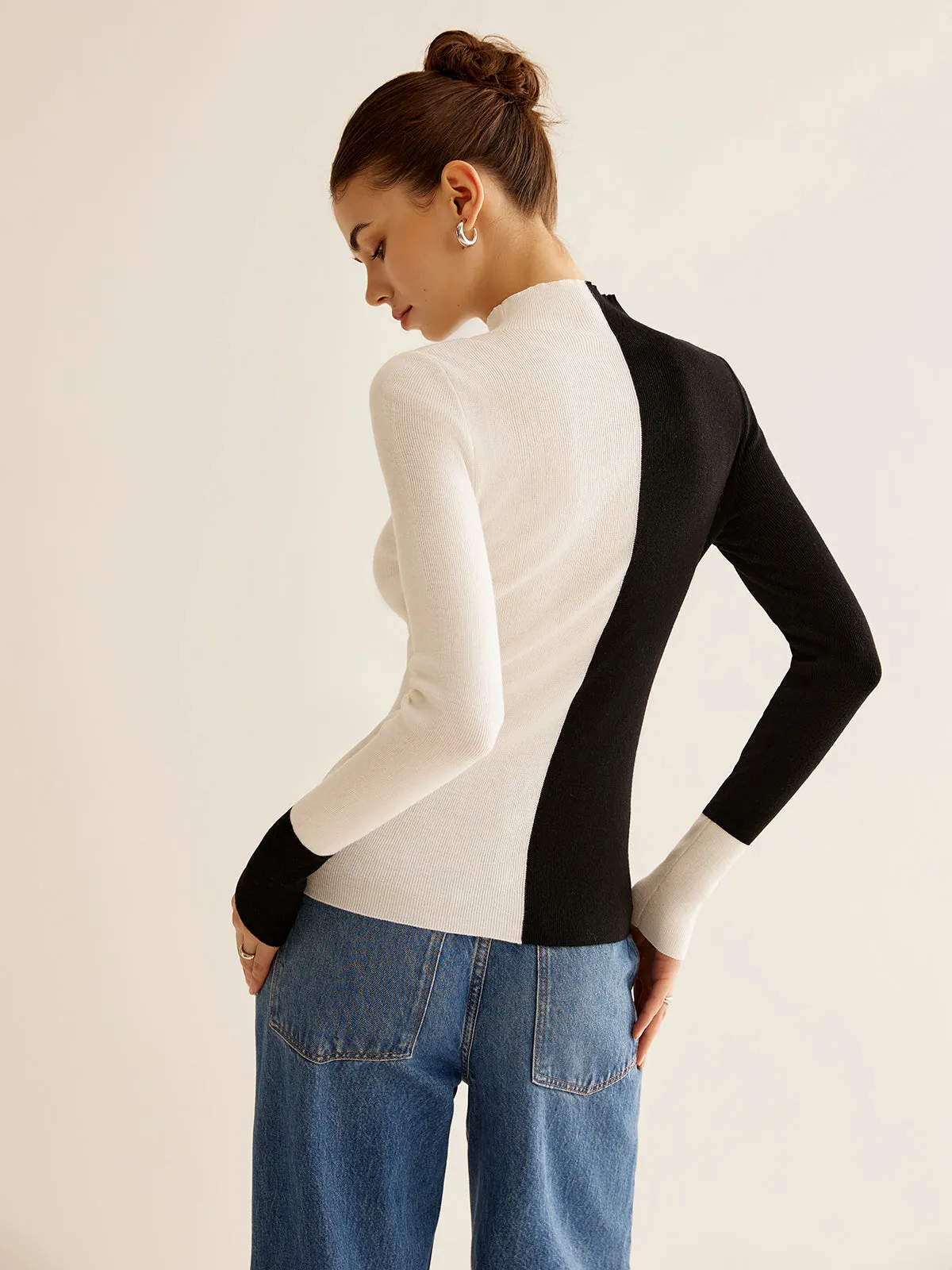 Wool-Blend Two Tone Skinny Knit Top