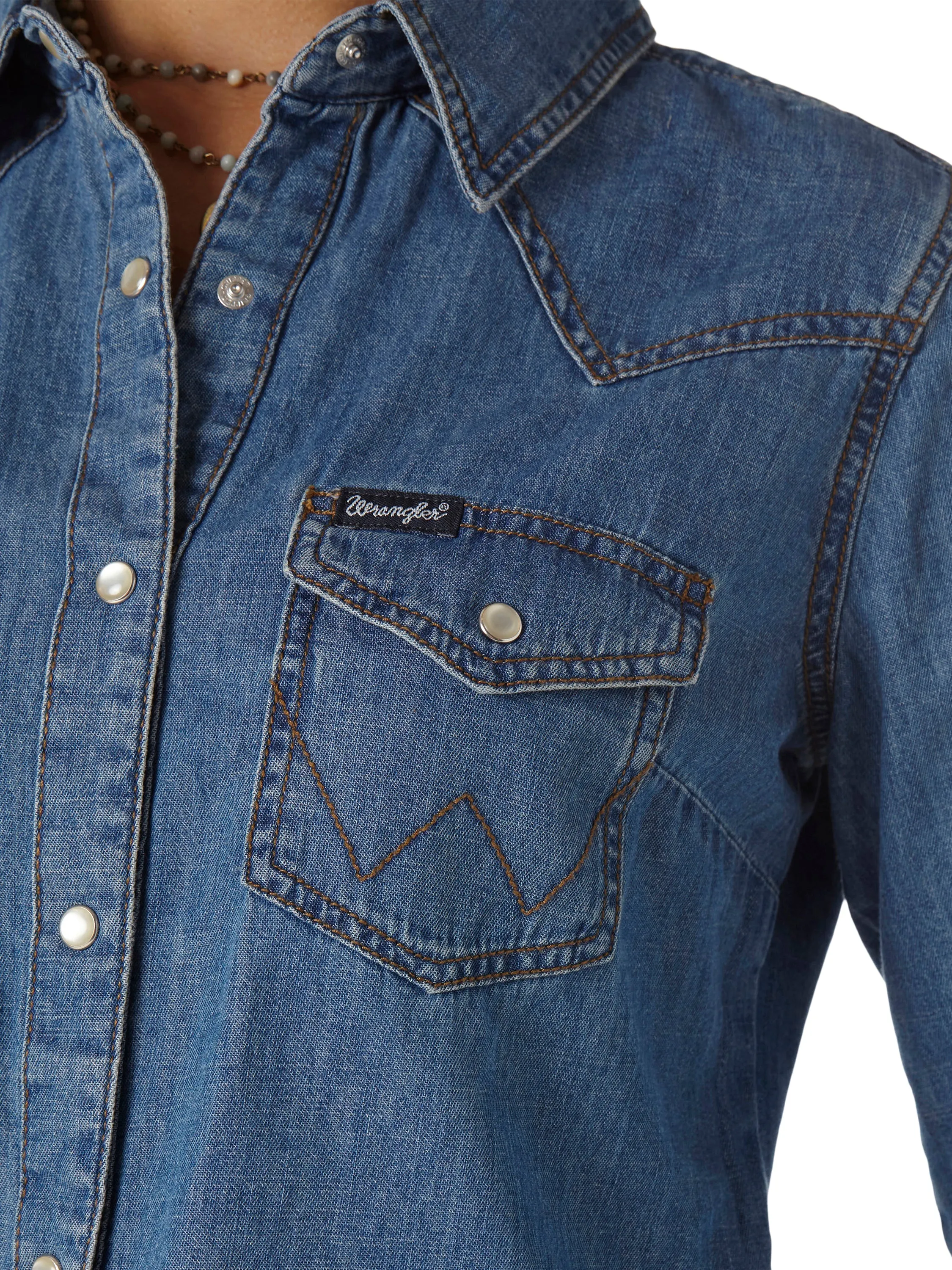 Wrangler Women's Long Sleeve Denim Snap Shirt-Mid Wash