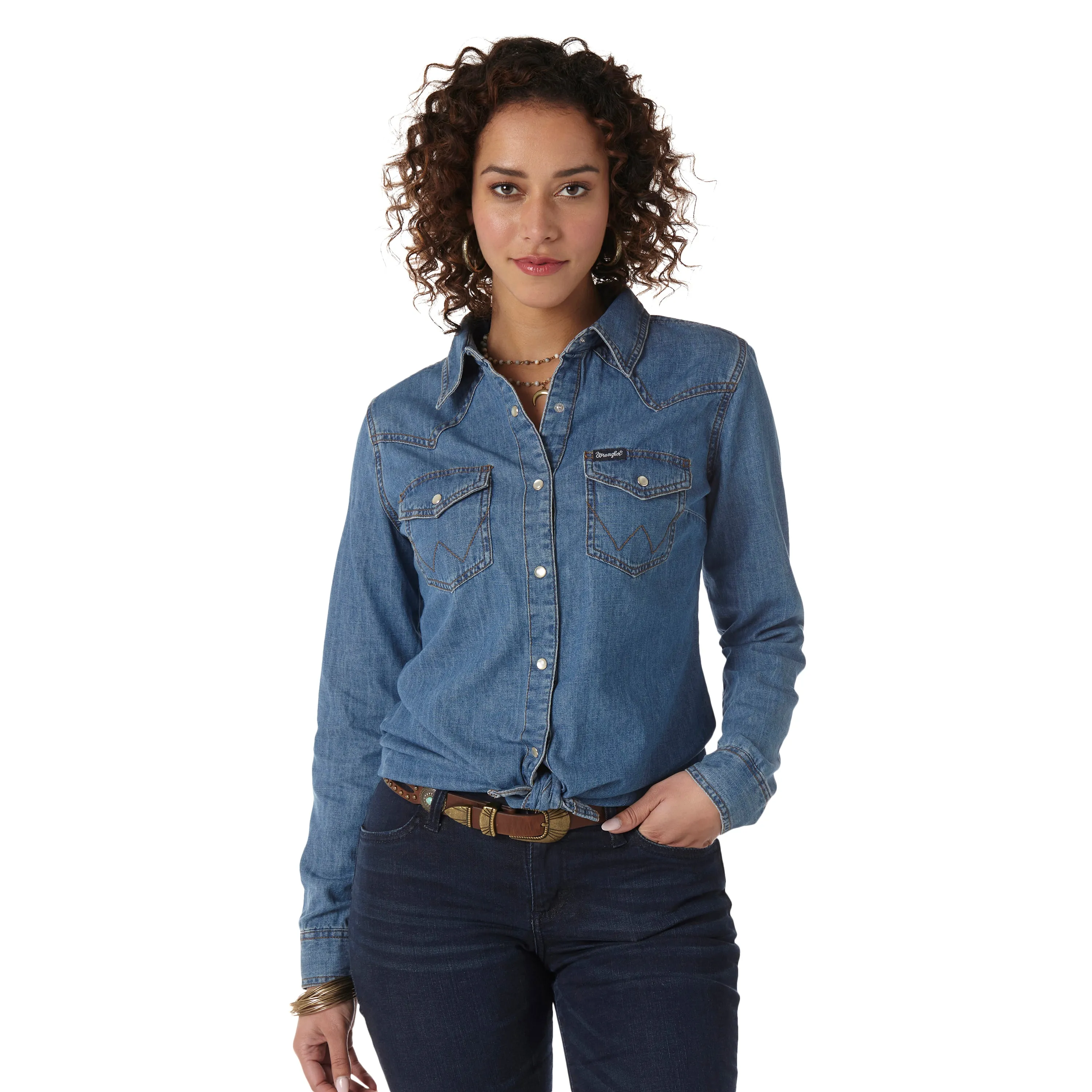 Wrangler Women's Long Sleeve Denim Snap Shirt-Mid Wash