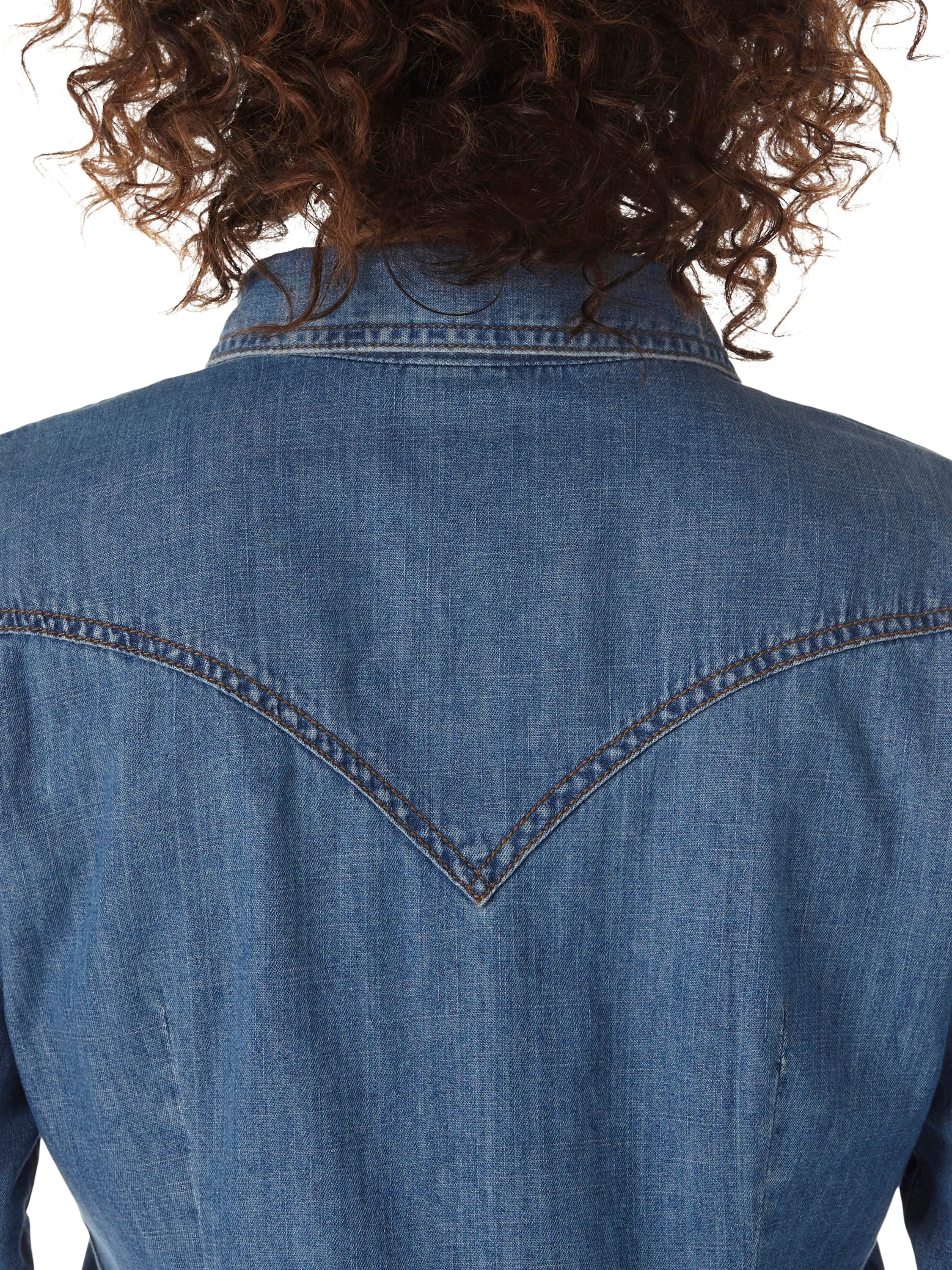 Wrangler Women's Long Sleeve Denim Snap Shirt-Mid Wash