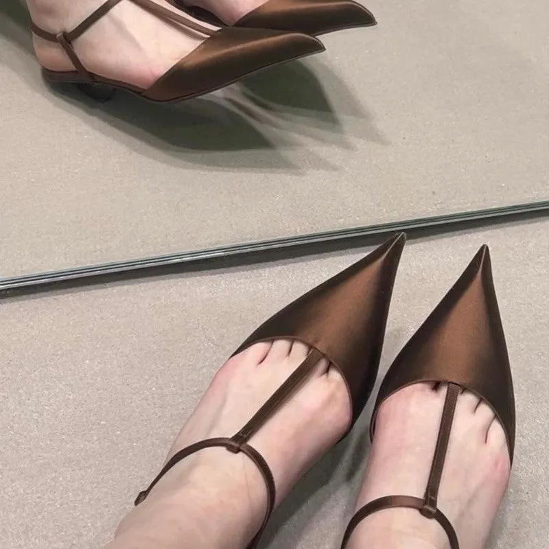 XIEYINSHE  Summer New Silk Pointed Toe Half Support Sandals Women's All-Match Triangle Heel T Shape with Slingback Sandals Women's