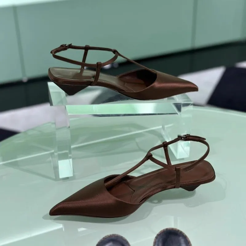 XIEYINSHE  Summer New Silk Pointed Toe Half Support Sandals Women's All-Match Triangle Heel T Shape with Slingback Sandals Women's